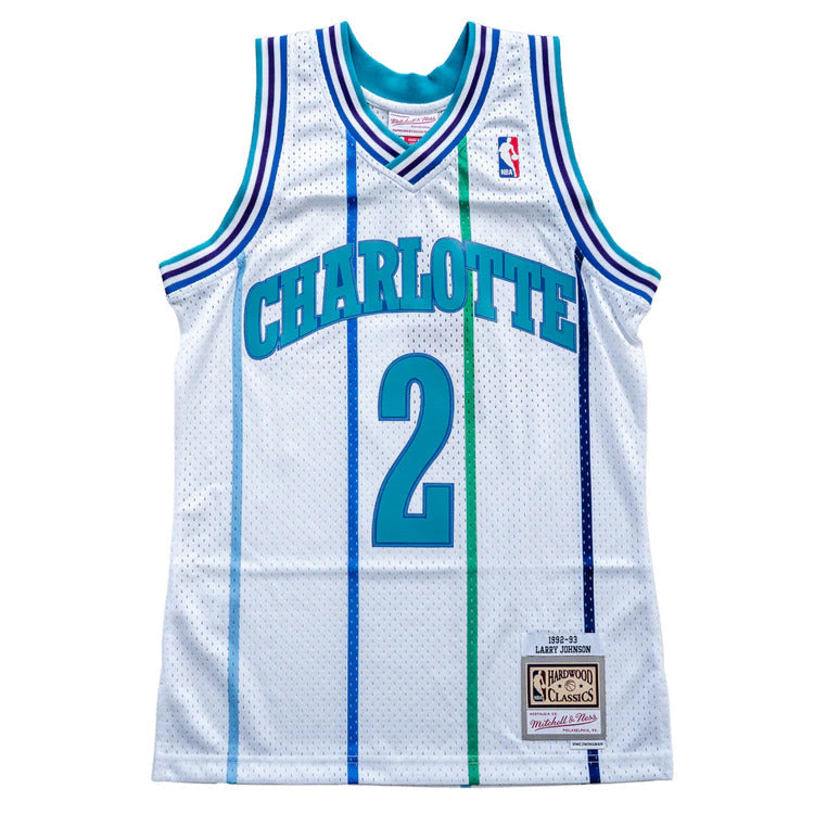 Men's Mitchell & Ness Larry Johnson Charlotte Hornets White 1992-93 Hardwood Classics Swingman Jersey - Sports Wear Jersey - PersonalJerseys