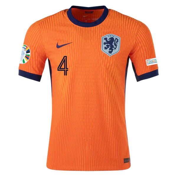Nike Netherlands Match Authentic Virgil van Dijk Home Jersey w/ Euro 2024 Patches 24/25 (Safety Orange/Blue Void) - PersonalJerseys