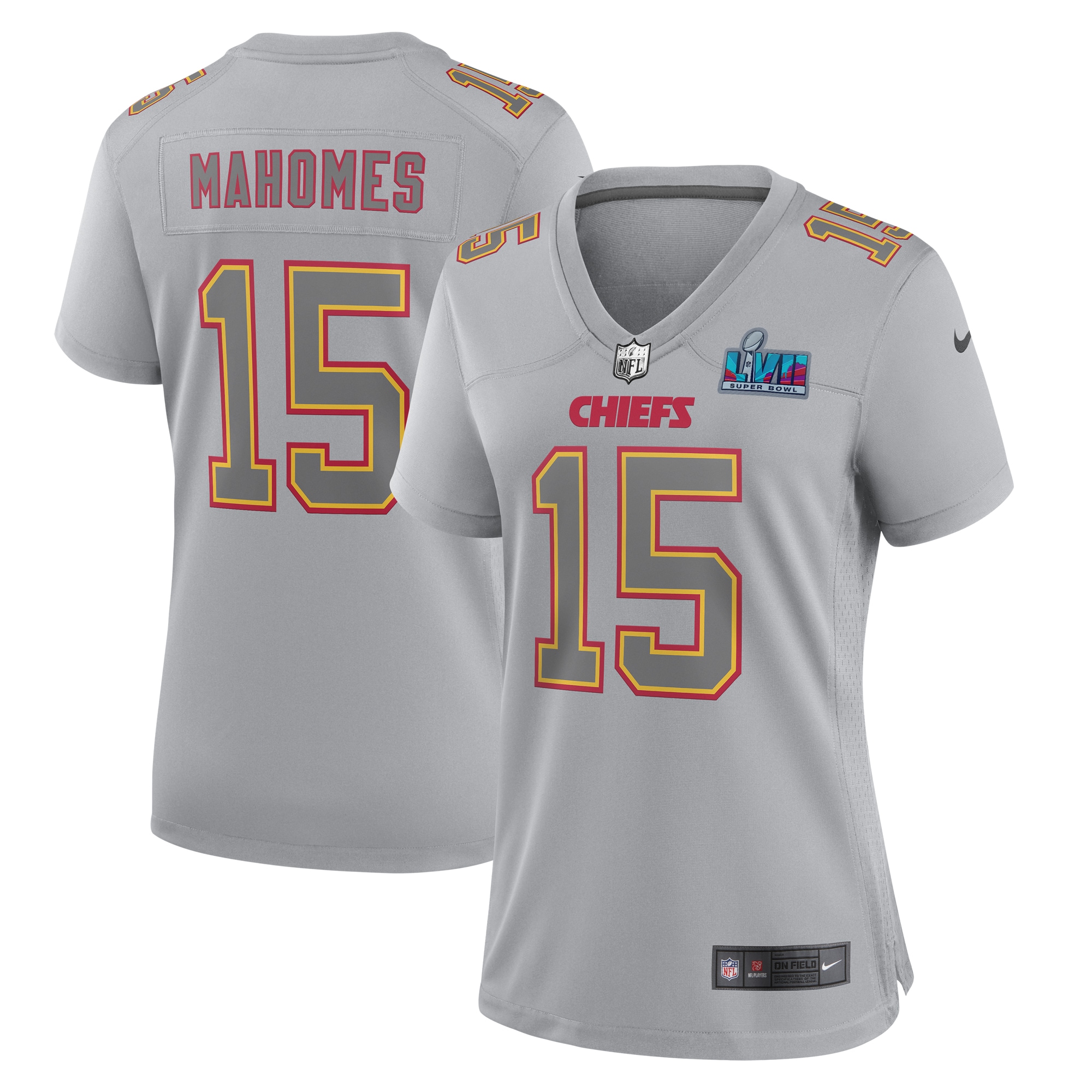 Women's Kansas City Chiefs Patrick Mahomes Gray Super Bowl LVII Patch Atmosphere Fashion Game Jersey - Friend Lounge Store - Shop for All Things Jerseys Sports - PersonalJerseys