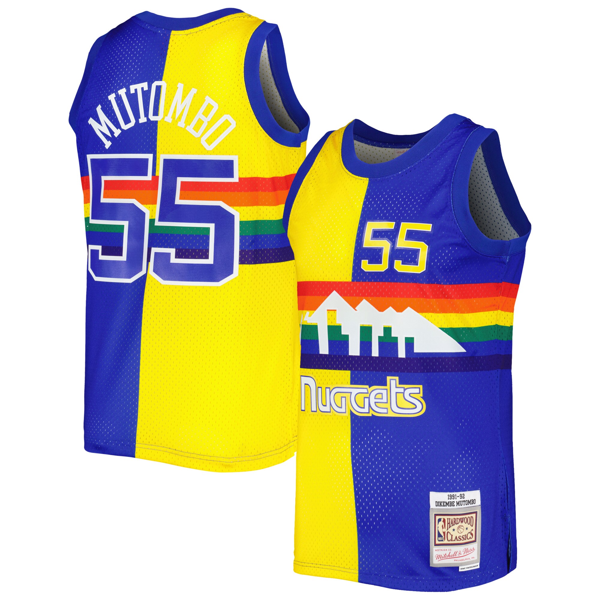 Dikembe Mutombo Denver Nuggets Mitchell &Ness Hardwood Classics 1991/92 Split Swingman Jersey - Royal/Gold - PersonalJerseys