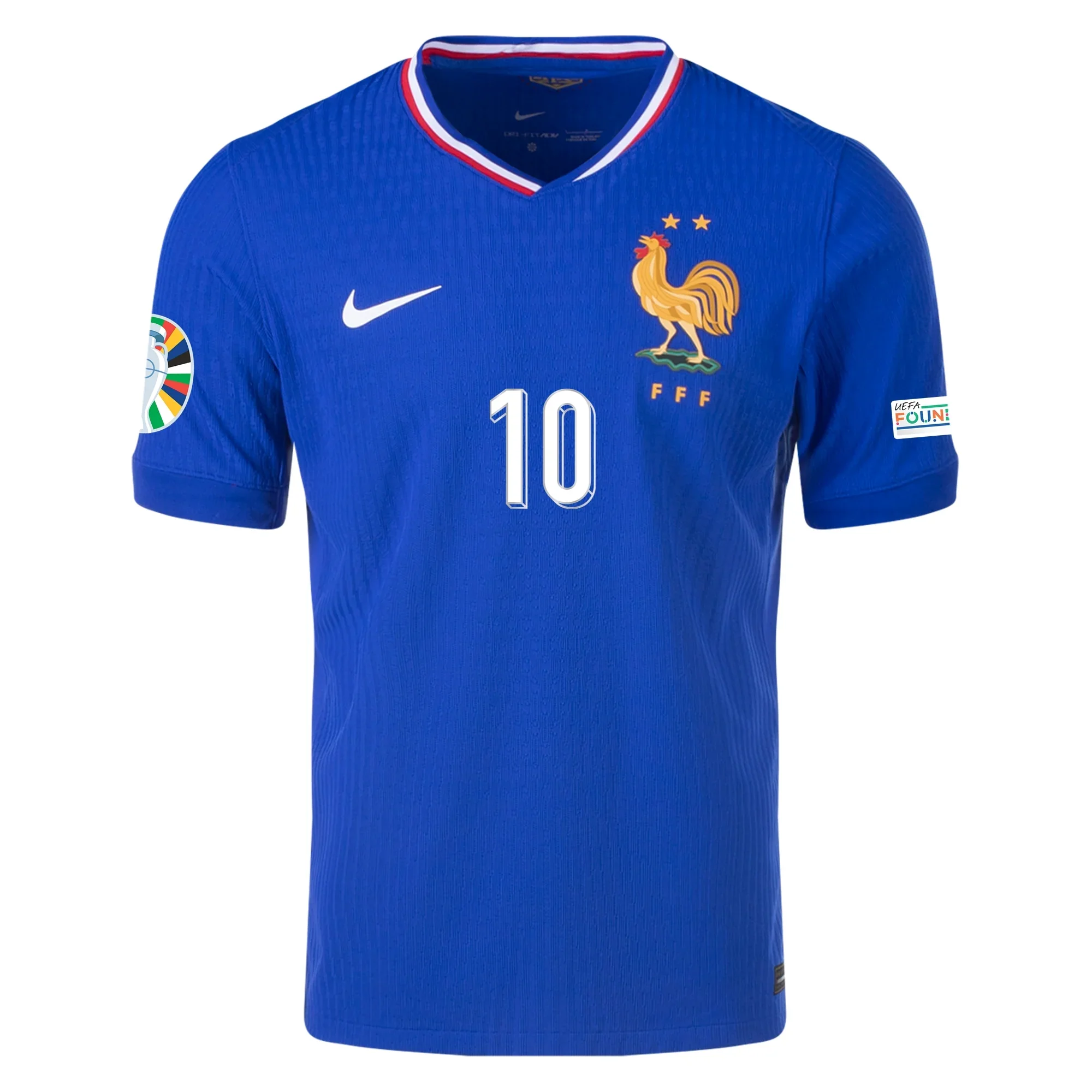 Nike Mens France Authentic Kylian Mbappe Match Home Jersey w/ Euro 2024 Patches 24/25 (Bright Blue/University Red) - PersonalJerseys