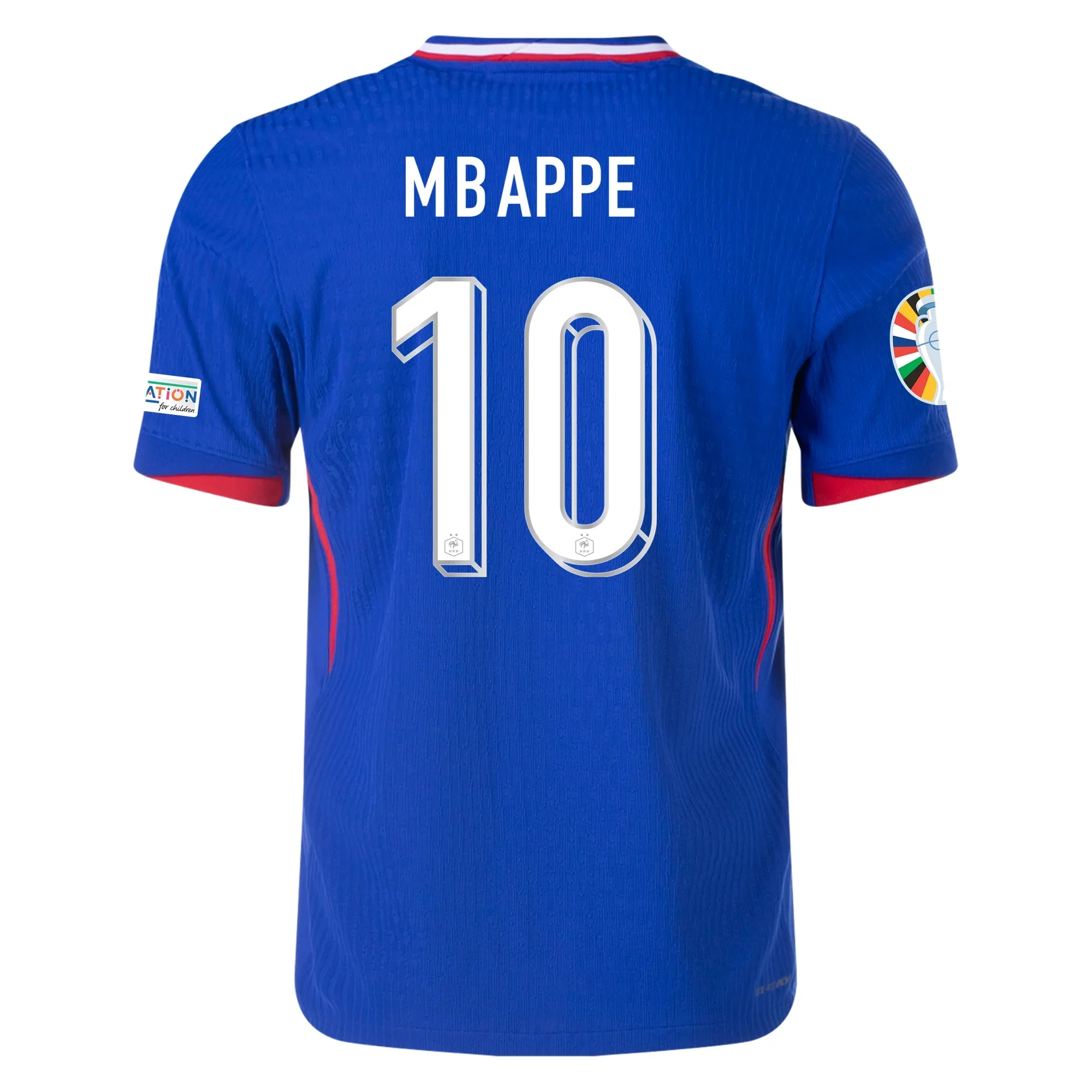 Nike Mens France Authentic Kylian Mbappe Match Home Jersey w/ Euro 2024 Patches 24/25 (Bright Blue/University Red) - PersonalJerseys