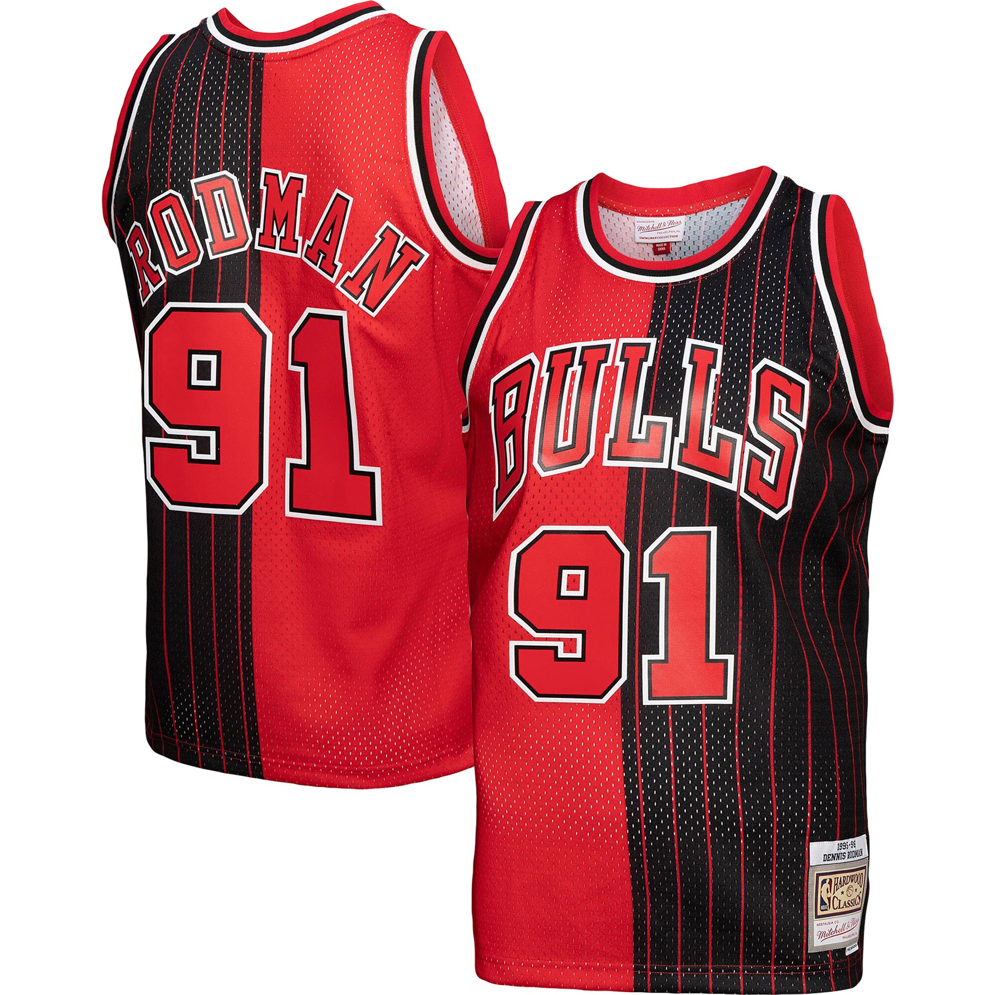 Dennis Rodman Chicago Bulls Mitchell &Ness Hardwood Classics 1995/96 Split Swingman Jersey - Red/Black - PersonalJerseys