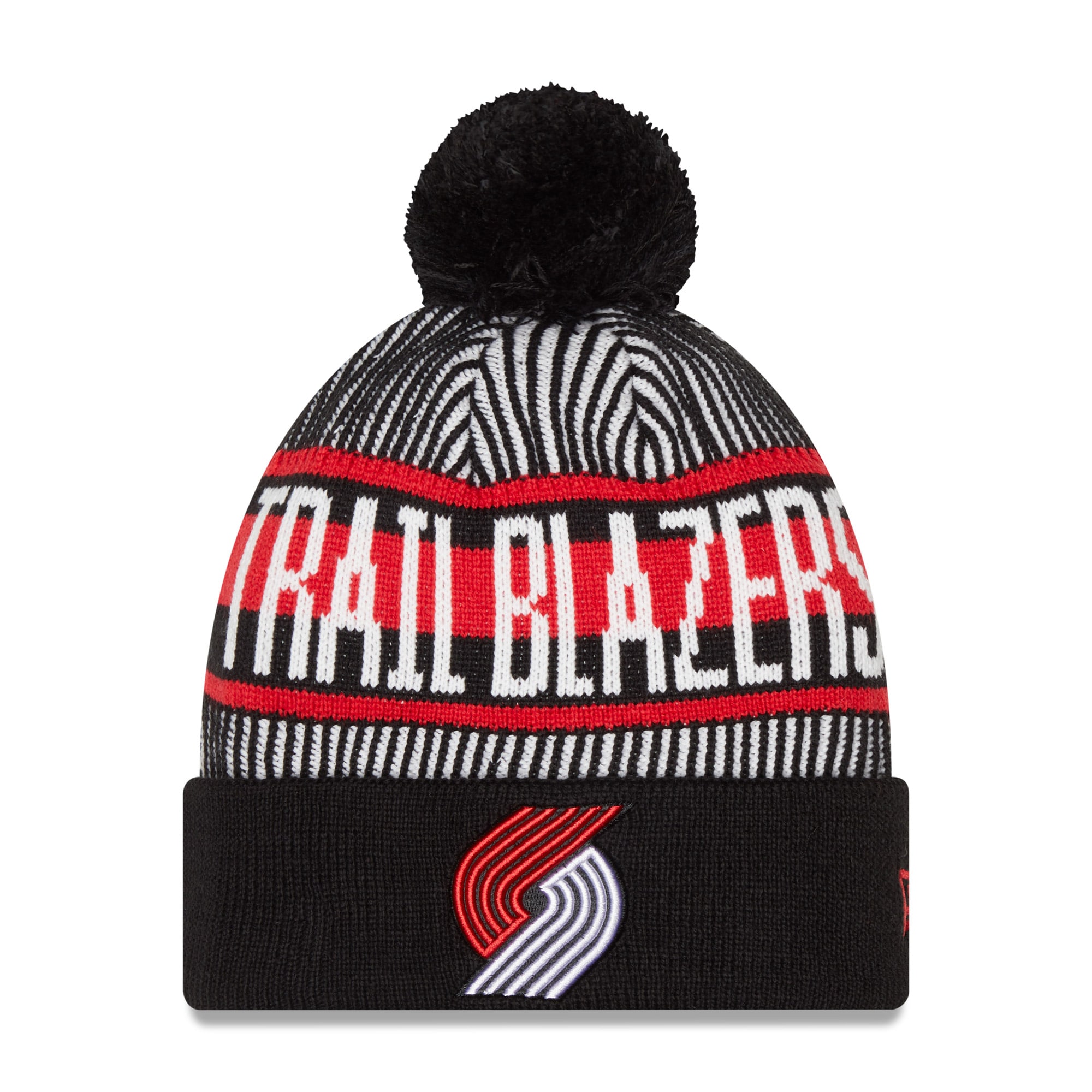 Portland Trail Blazers New Era Striped Cuffed Pom Knit Hat - Black - PersonalJerseys