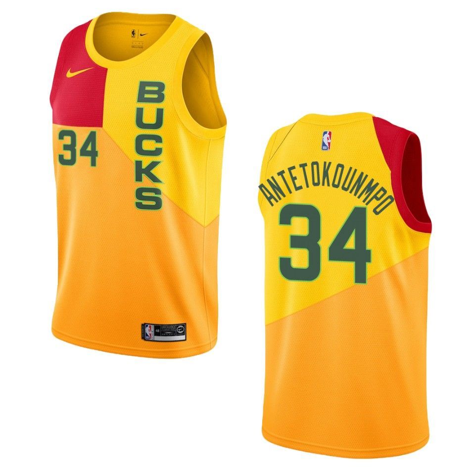 2019-20 Men Milwaukee Bucks #34 Giannis Antetokounmpo City Edition Swingman Jersey - Yellow - Friend Lounge Store - Shop for All Things Jerseys Sports - PersonalJerseys