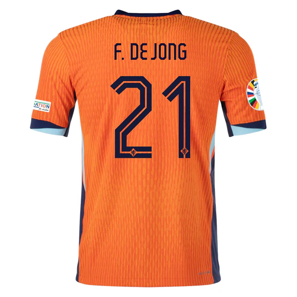 Nike Netherlands Match Authentic Frenkie de Jong Home Jersey w/ Euro 2024 Patches 24/25 (Safety Orange/Blue Void) - PersonalJerseys