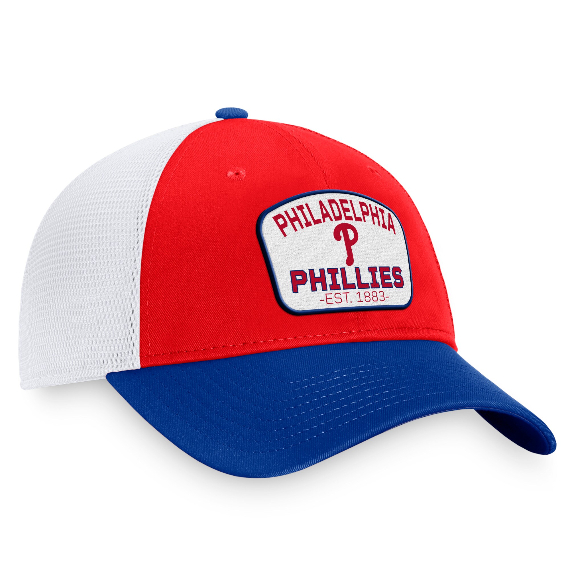 Philadelphia Phillies Fanatics Branded Two-Tone Patch Trucker Adjustable Hat - Red/Royal - PersonalJerseys