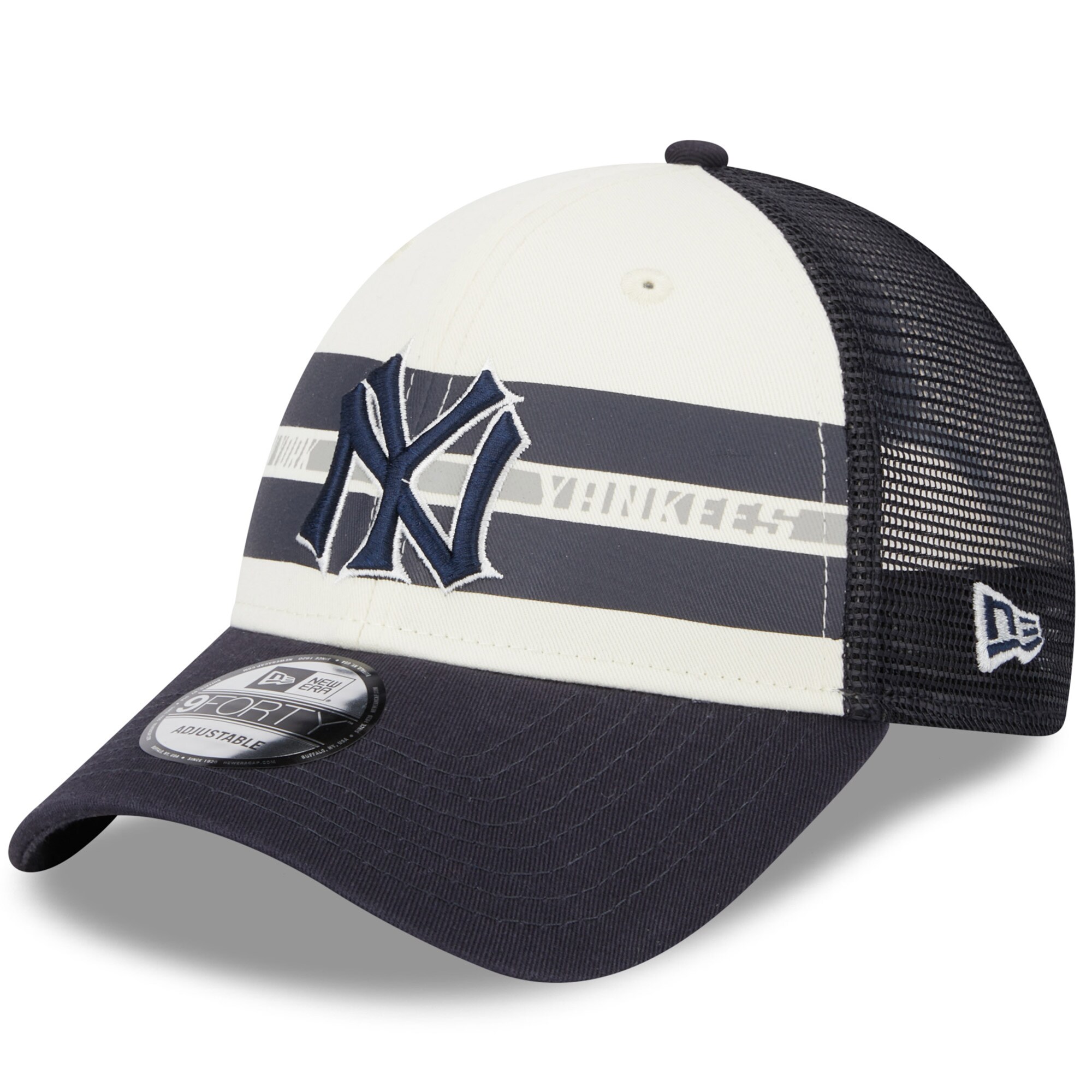 New York Yankees New Era Team Stripe Trucker 9FORTY Snapback Hat - White/Navy - PersonalJerseys