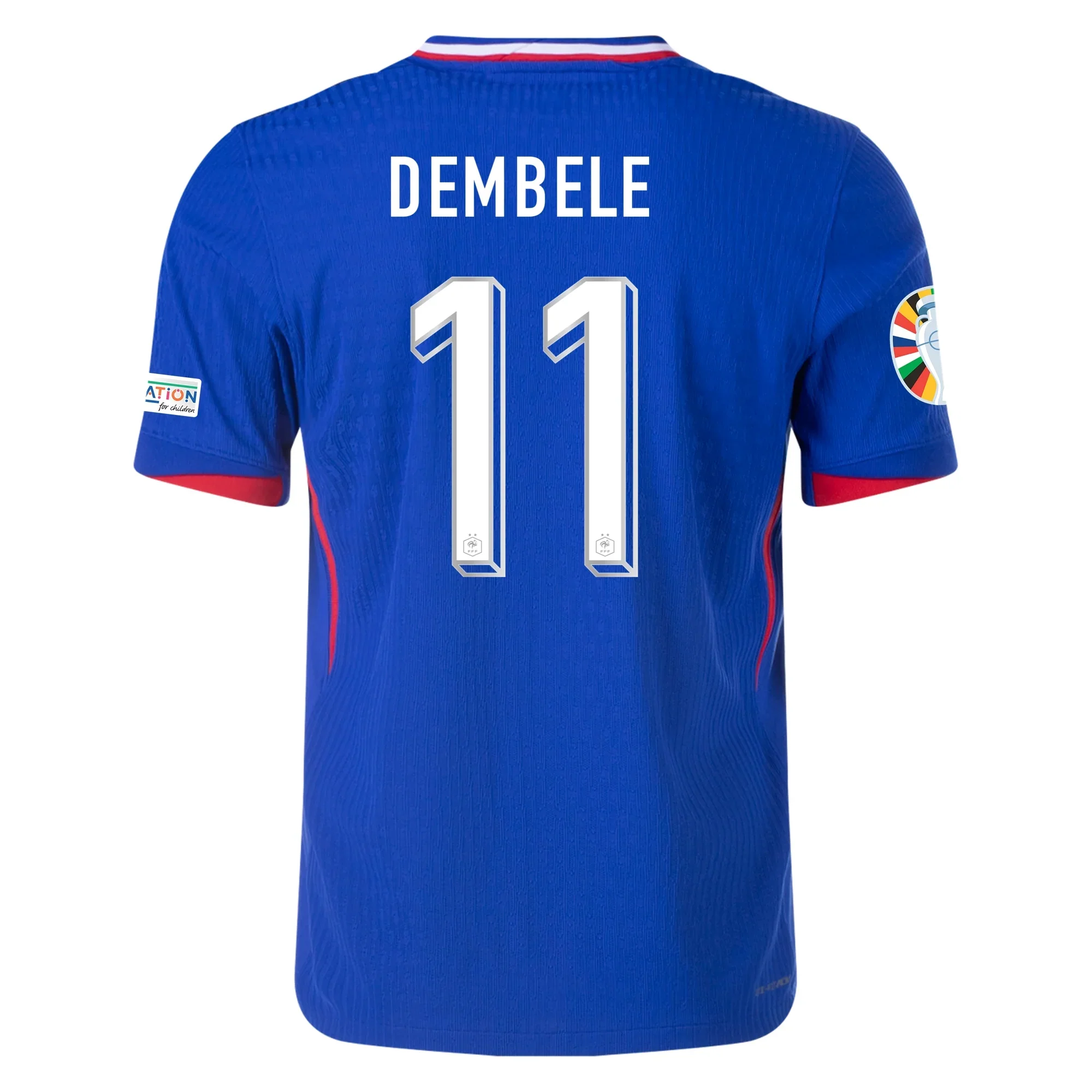 Nike Mens France Authentic Ousmane Dembele Match Home Jersey w/ Euro 2024 Patches 24/25 (Bright Blue/University Red) - PersonalJerseys