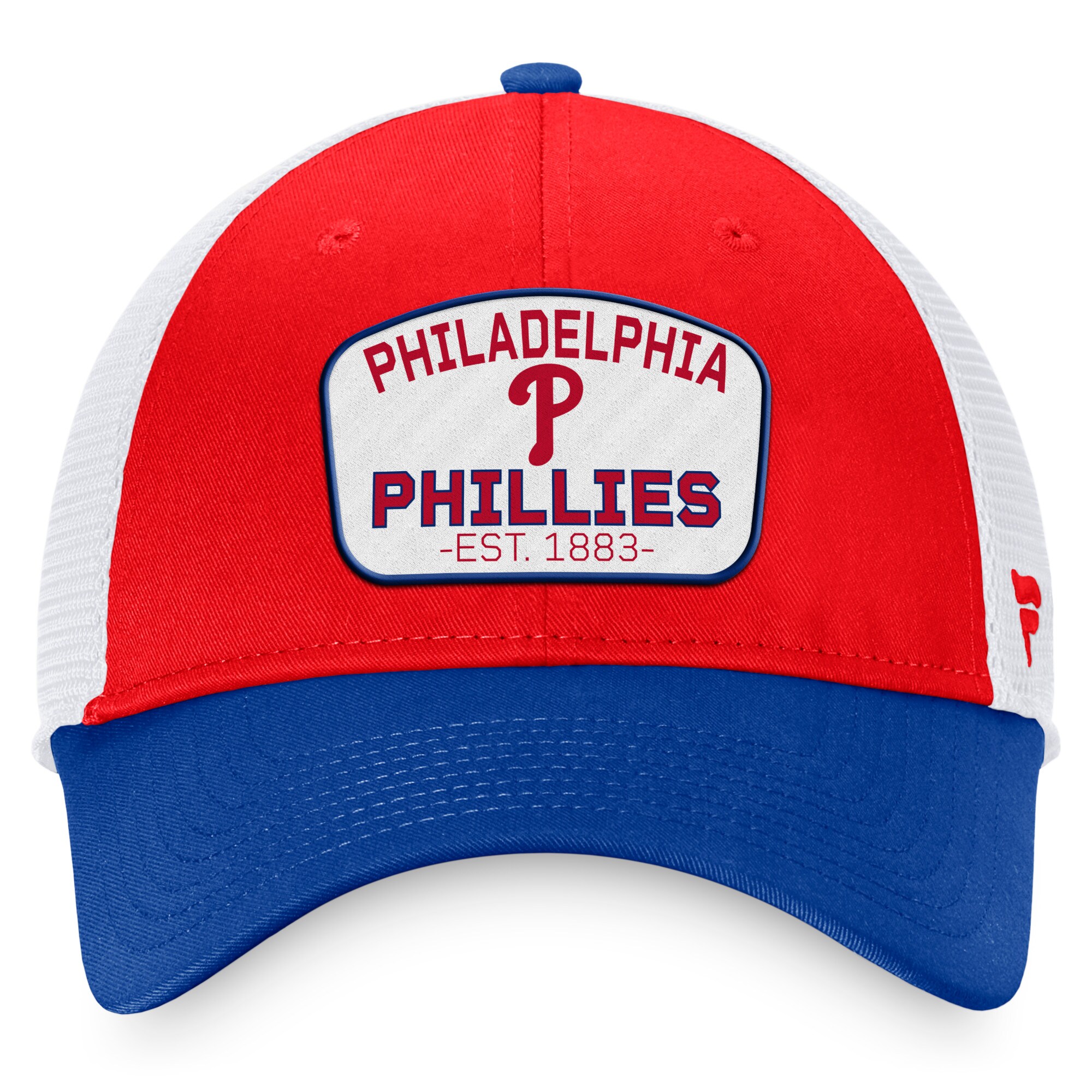 Philadelphia Phillies Fanatics Branded Two-Tone Patch Trucker Adjustable Hat - Red/Royal - PersonalJerseys