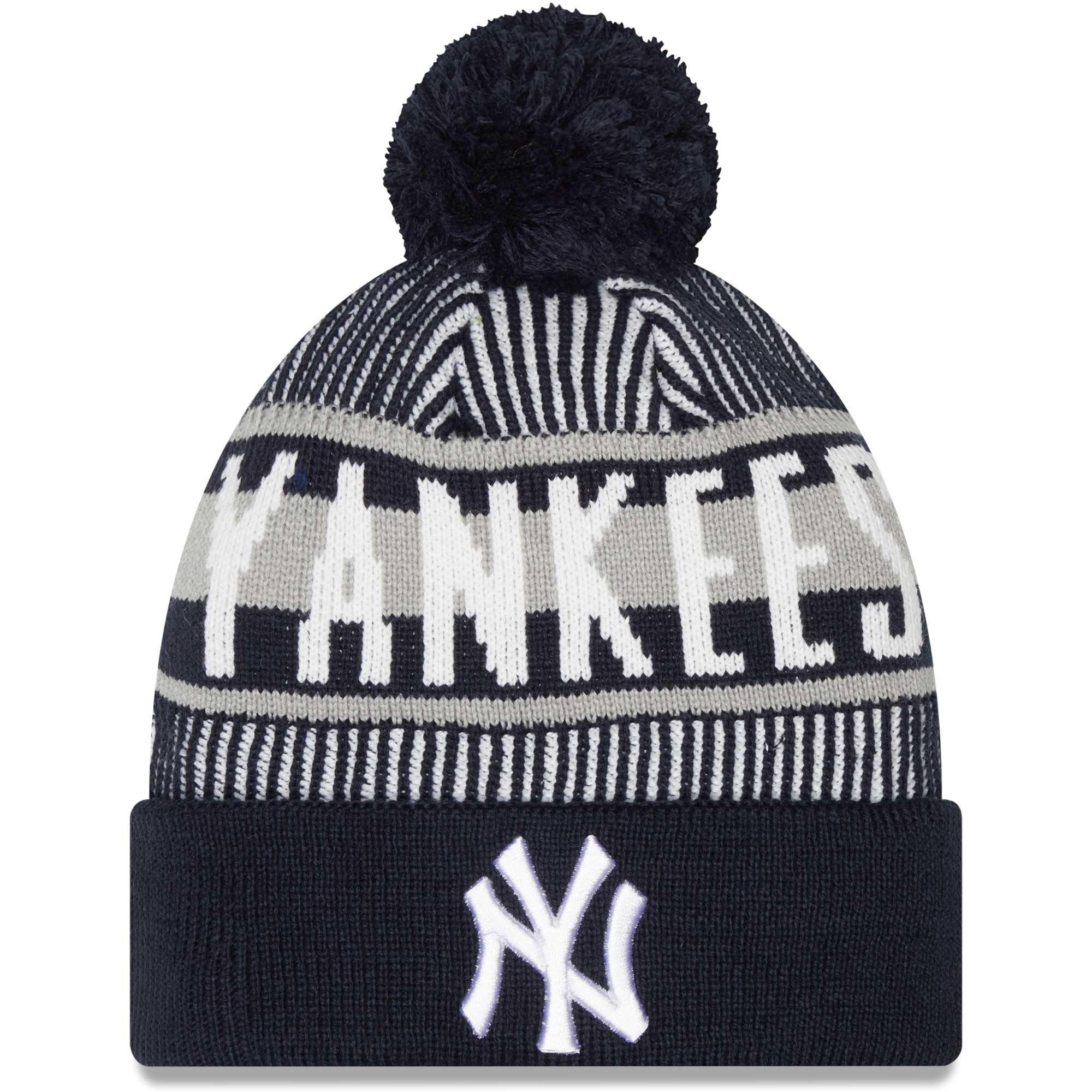 New York Yankees New Era Striped Cuffed Knit Hat with Pom - Navy - PersonalJerseys