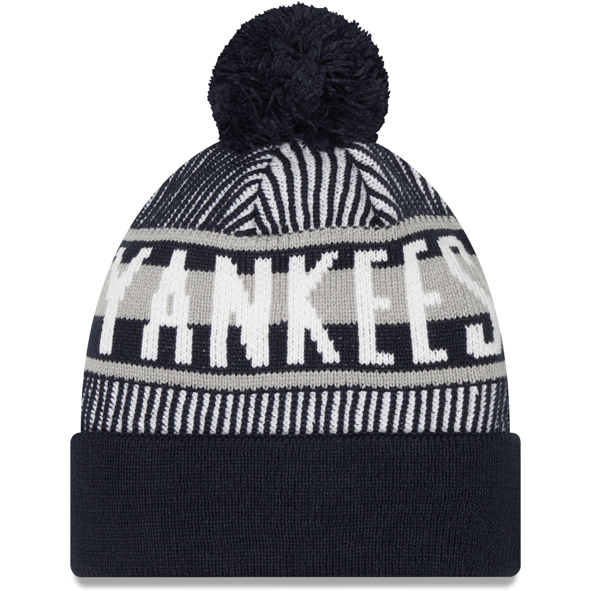 New York Yankees New Era Striped Cuffed Knit Hat with Pom - Navy - PersonalJerseys