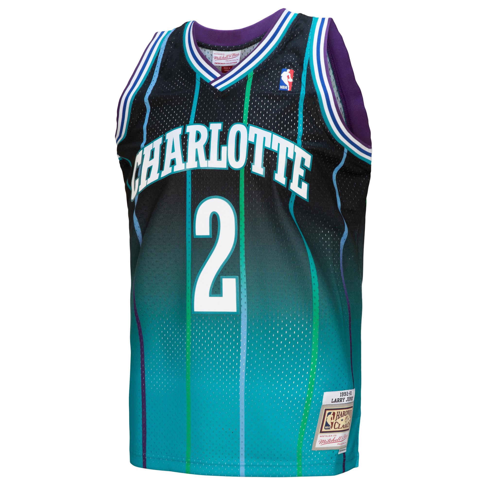 Larry Johnson Charlotte Hornets Mitchell &Ness 1992/93 Hardwood Classics Fadeaway Swingman Player Jersey - Teal/Black - PersonalJerseys