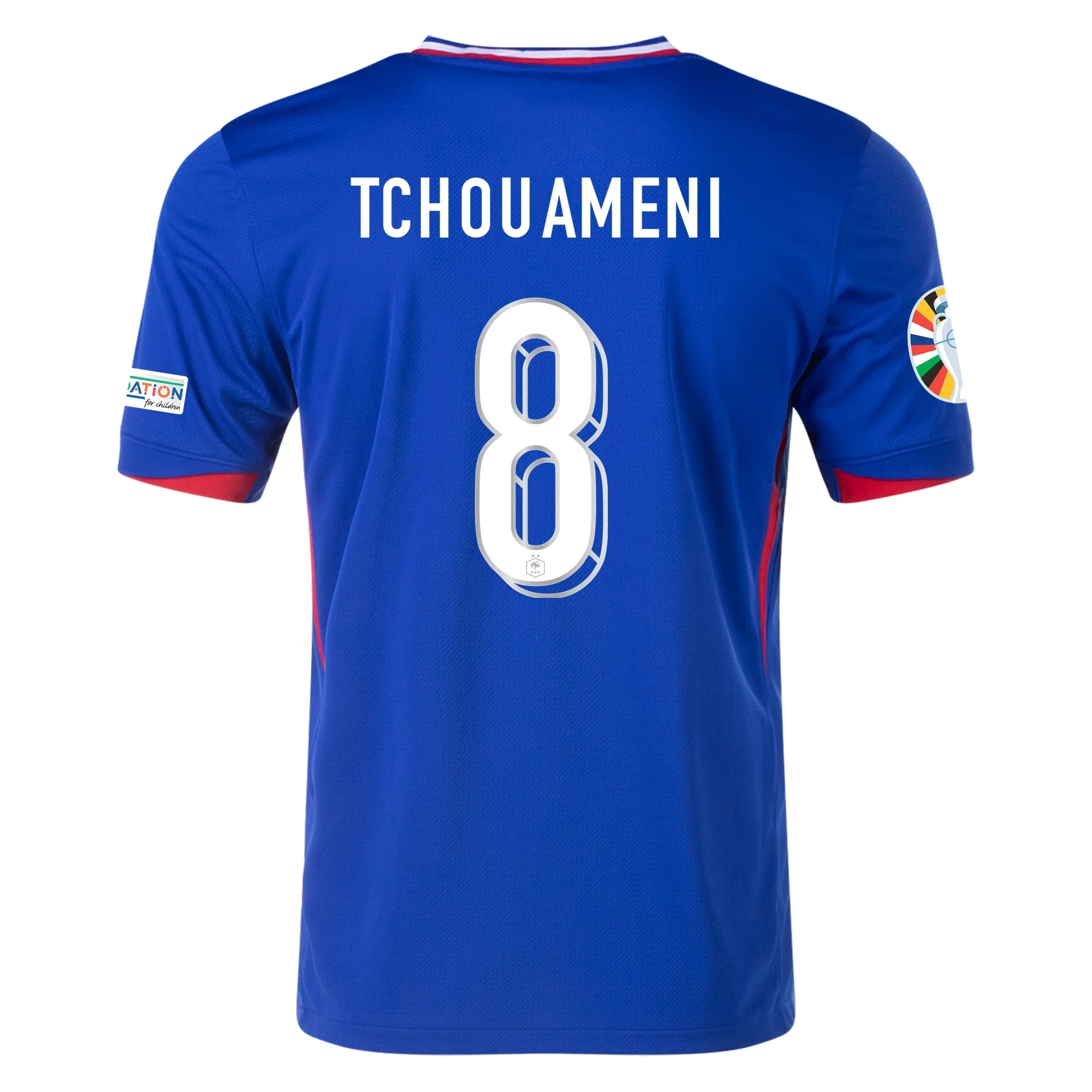 Nike France Aurélien Tchouaméni Home Jersey w/ Euro 2024 Patches 24/25 (Bright Blue/University Red) - PersonalJerseys