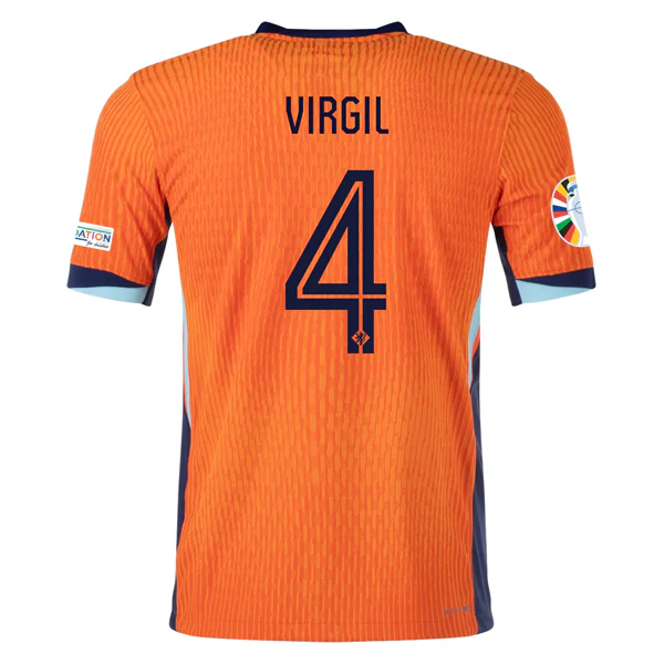 Nike Netherlands Match Authentic Virgil van Dijk Home Jersey w/ Euro 2024 Patches 24/25 (Safety Orange/Blue Void) - PersonalJerseys