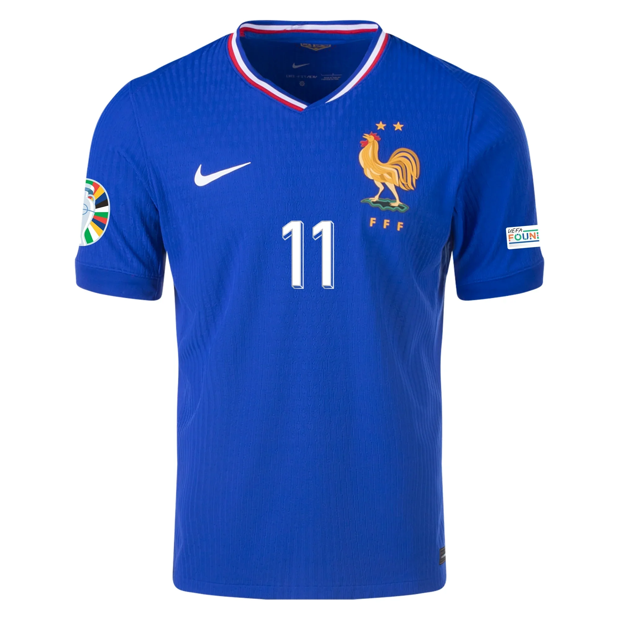 Nike Mens France Authentic Ousmane Dembele Match Home Jersey w/ Euro 2024 Patches 24/25 (Bright Blue/University Red) - PersonalJerseys