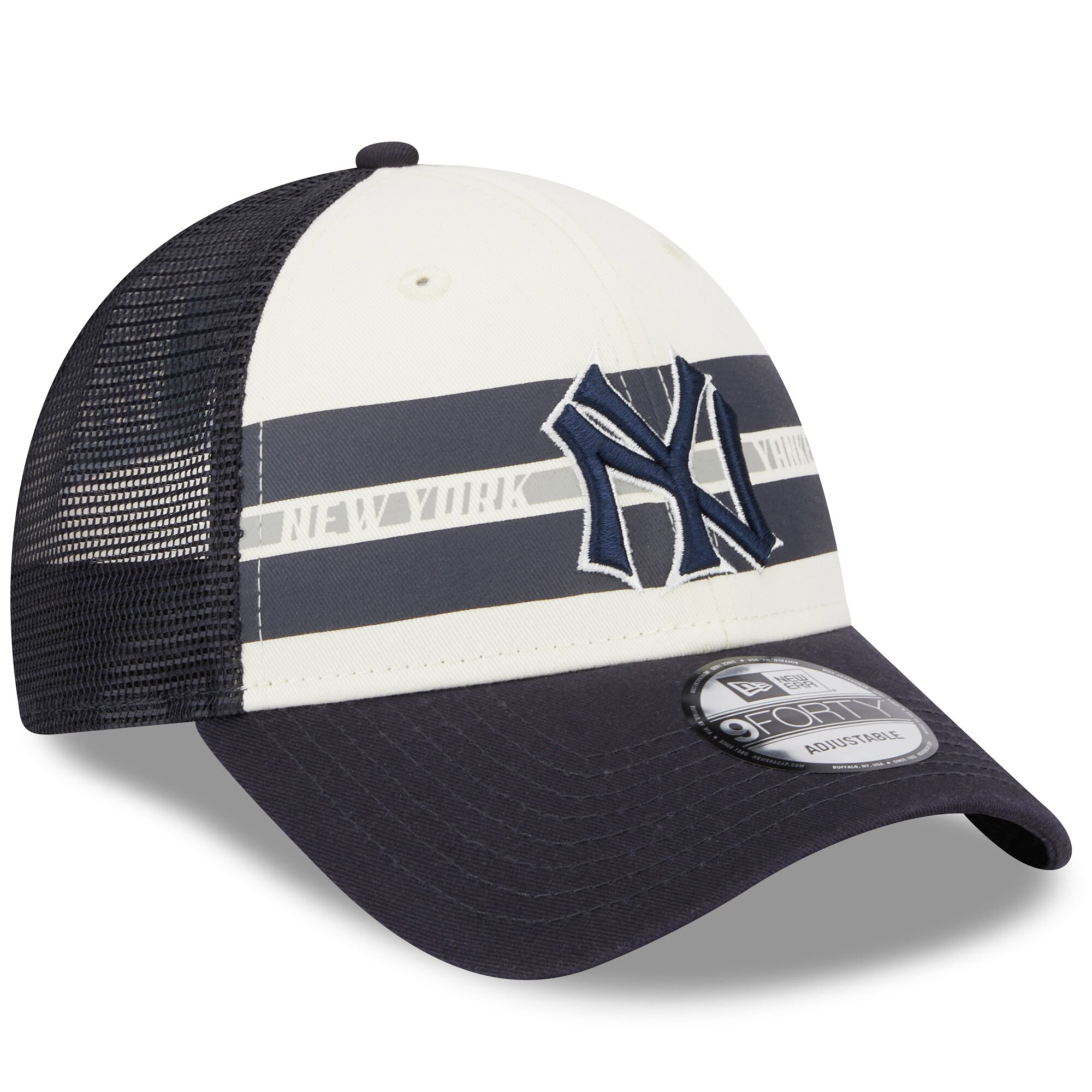 New York Yankees New Era Team Stripe Trucker 9FORTY Snapback Hat - White/Navy - PersonalJerseys