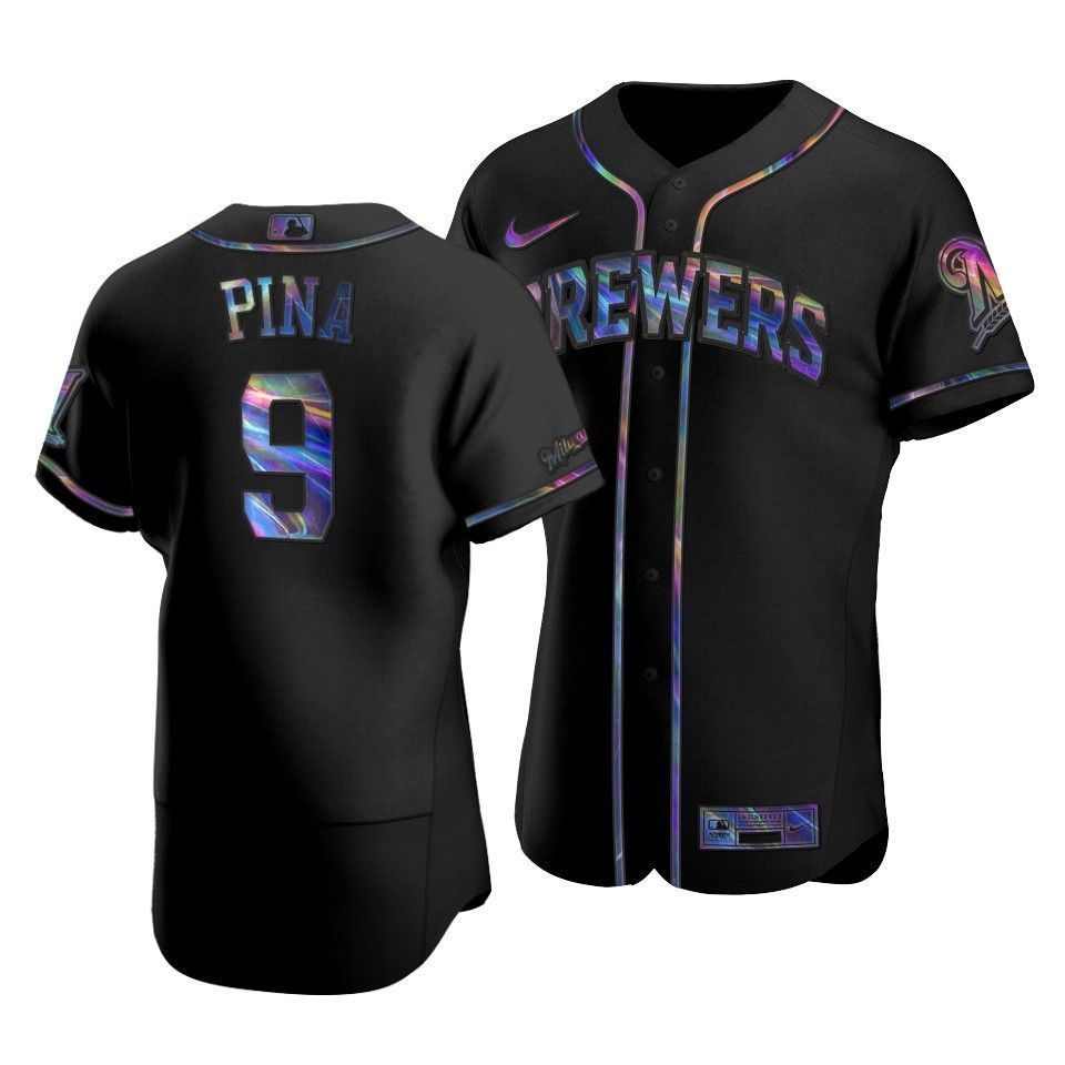 Men's Milwaukee Brewers Manny Pina #9 Iridescent Logo Holographic Limited Jersey Black - Friend Lounge Store - Shop for All Things Jerseys Sports - PersonalJerseys