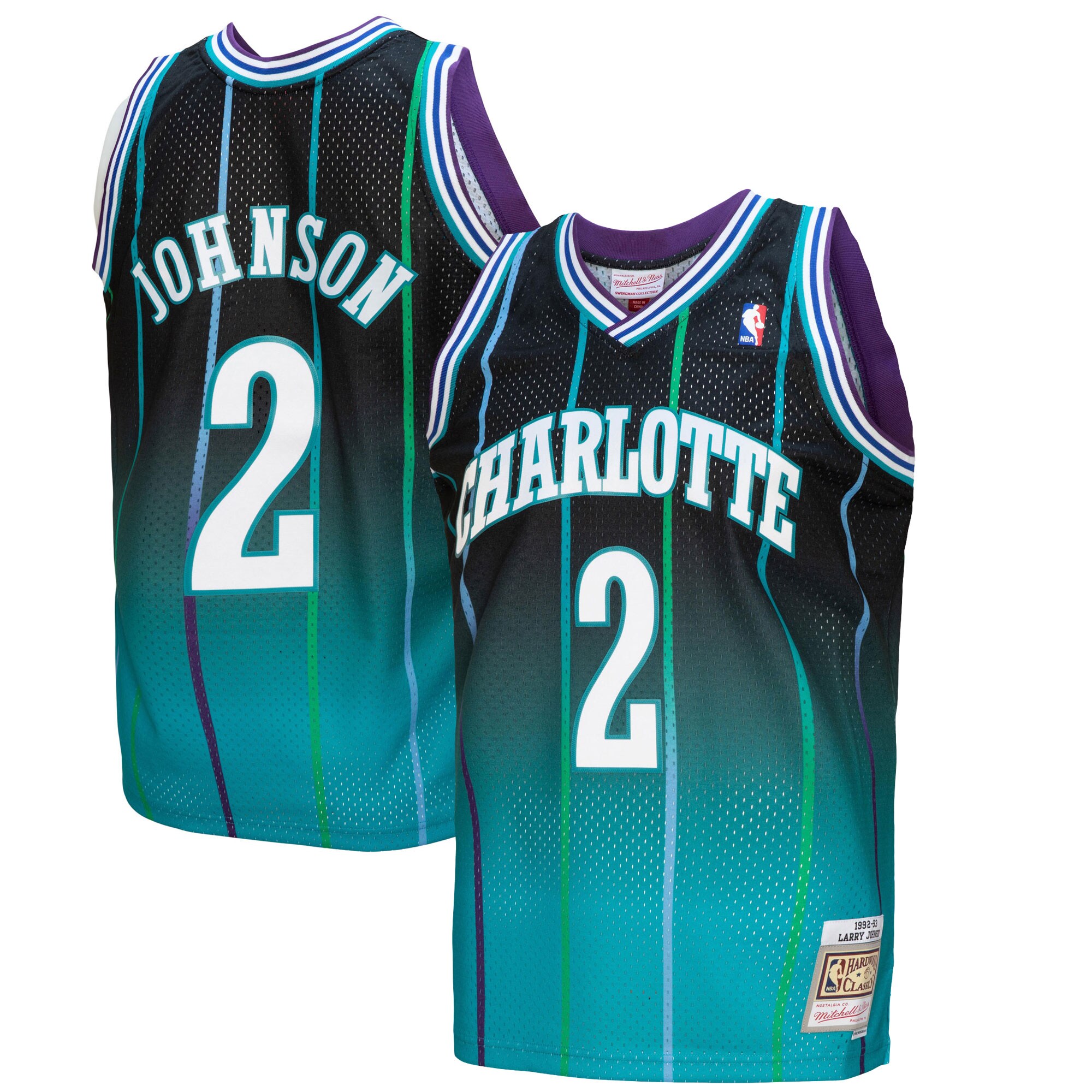 Larry Johnson Charlotte Hornets Mitchell &Ness 1992/93 Hardwood Classics Fadeaway Swingman Player Jersey - Teal/Black - PersonalJerseys