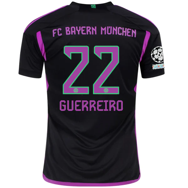 adidas Bayern Munich Raphaël Guerreiro Away Jersey w/ Champions League Patches 23/24 (Black) - PersonalJerseys