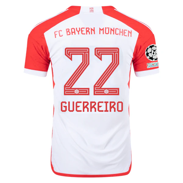 adidas Bayern Munich Authentic Raphaël Guerreiro Home Jersey w/ Champions League Patches 23/24 (White/Red) - PersonalJerseys