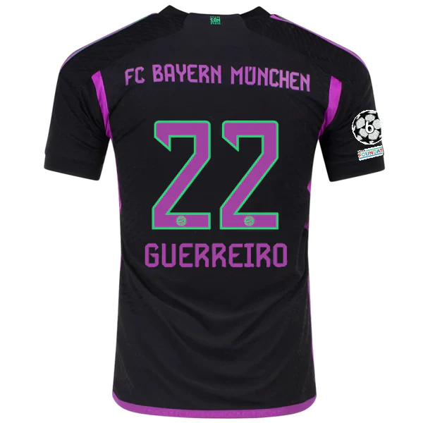 adidas Bayern Munich Authentic Raphaël Guerreiro Away Jersey w/ Champions League Patches 23/24 (Black) - PersonalJerseys