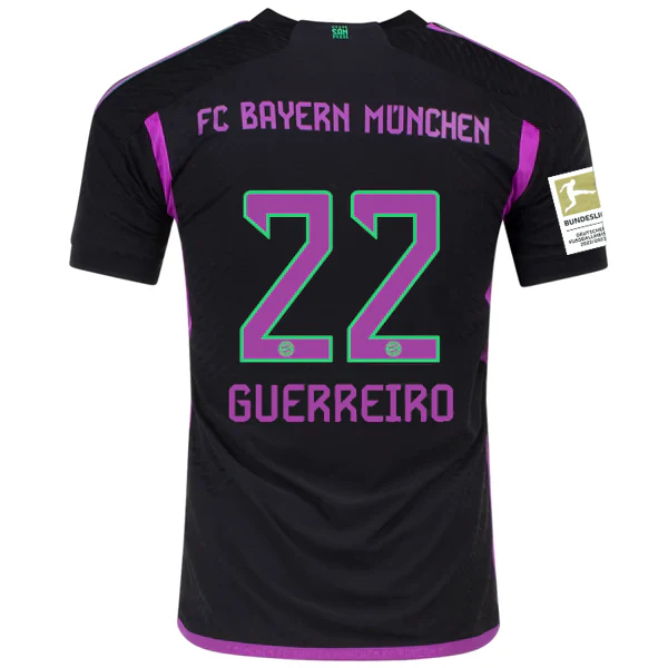 adidas Bayern Munich Authentic Raphaël Guerreiro Away Jersey w/ Bundesliga Champion Patch 23/24 (Black) - PersonalJerseys