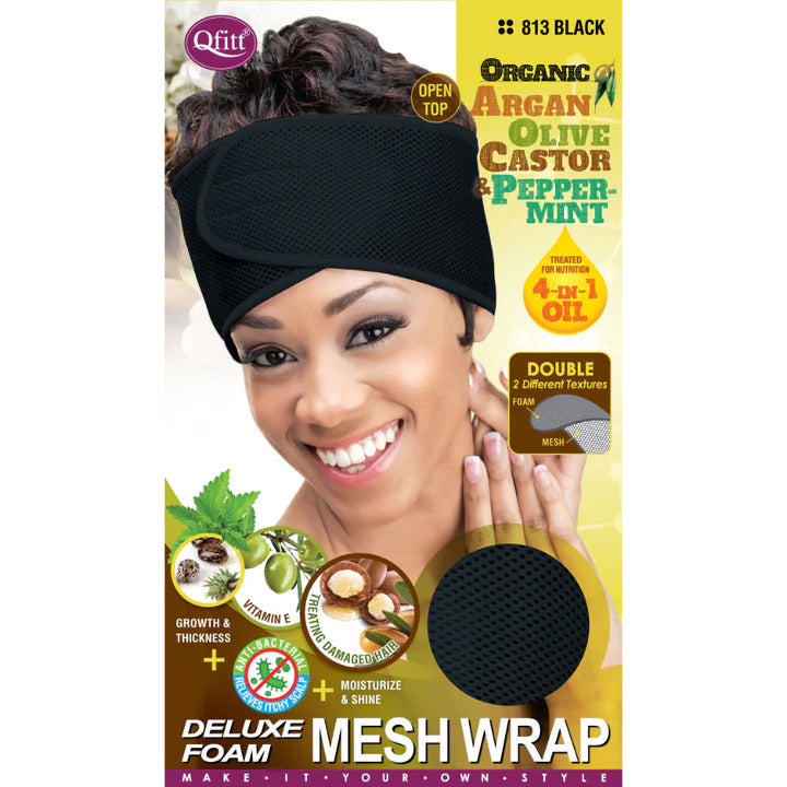 M&M Headgear Qfitt Argan Oil & Shea Butter Treated Deluxe Foam Mesh Wrap, Black #813