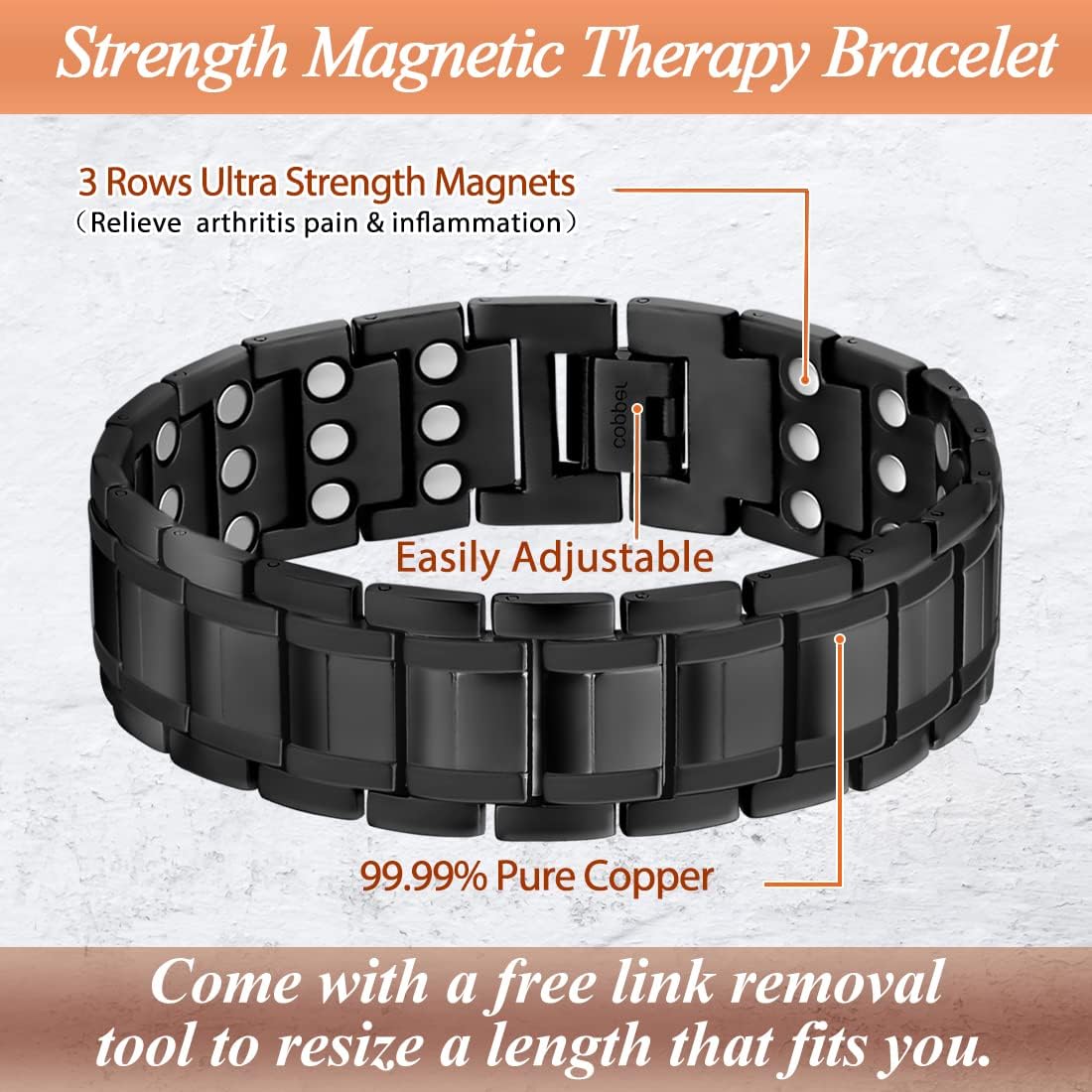 Bracelet and Ring Set, 2-piece, 2025 New Men's Strong Magnetic Bracelet – Made with powerful magnets and pure copper, includes an adjustable size tool, and comes with both a bracelet and a ring – the perfect gift for men.