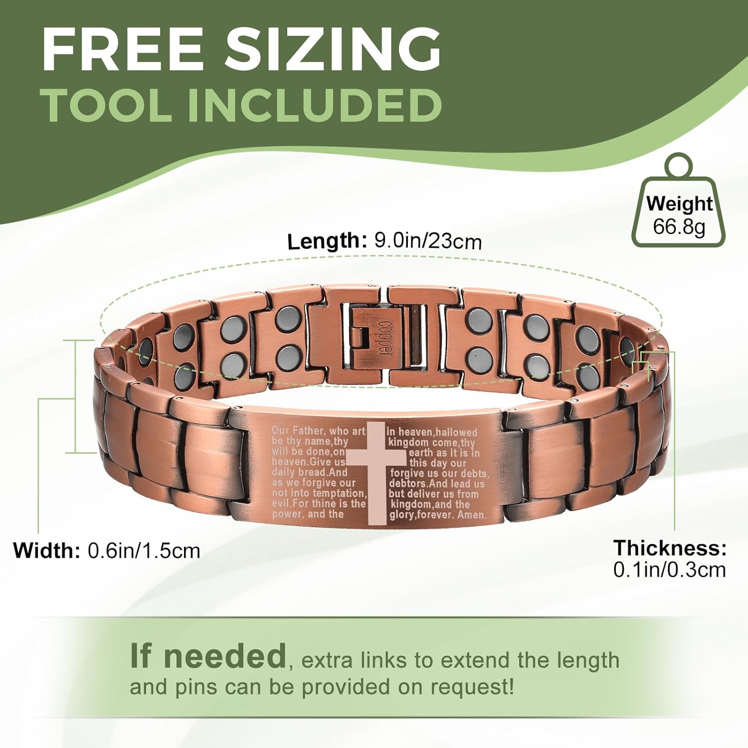 Copper Bracelet for Men, Cross Copper Magnetic Bracelet with Ultra Strength Magnets, Adjustable Link Jewelry Box Gift (Sizing Tool)