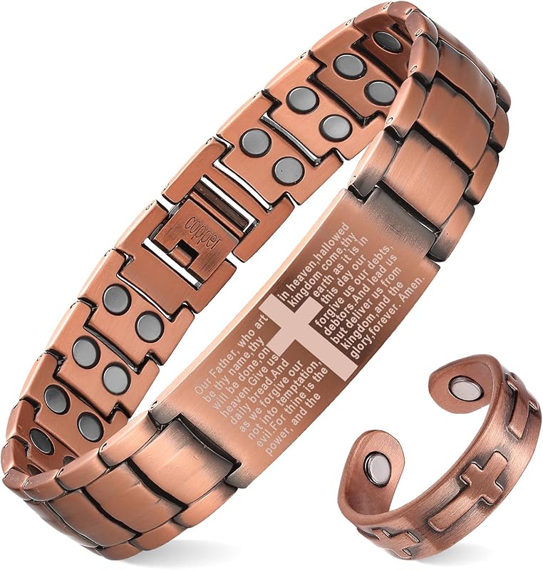 Copper Bracelet for Men, Cross Copper Magnetic Bracelet with Ultra Strength Magnets, Adjustable Link Jewelry Box Gift (Sizing Tool)