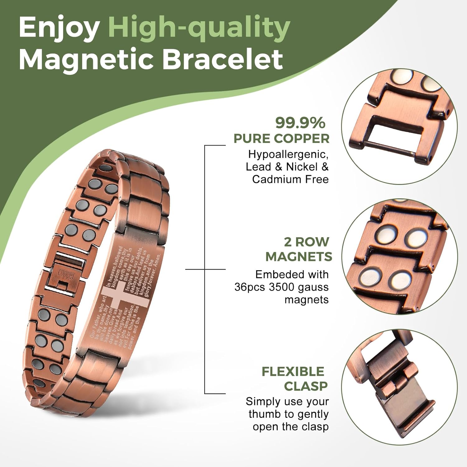 Copper Bracelet for Men, Cross Copper Magnetic Bracelet with Ultra Strength Magnets, Adjustable Link Jewelry Box Gift (Sizing Tool)