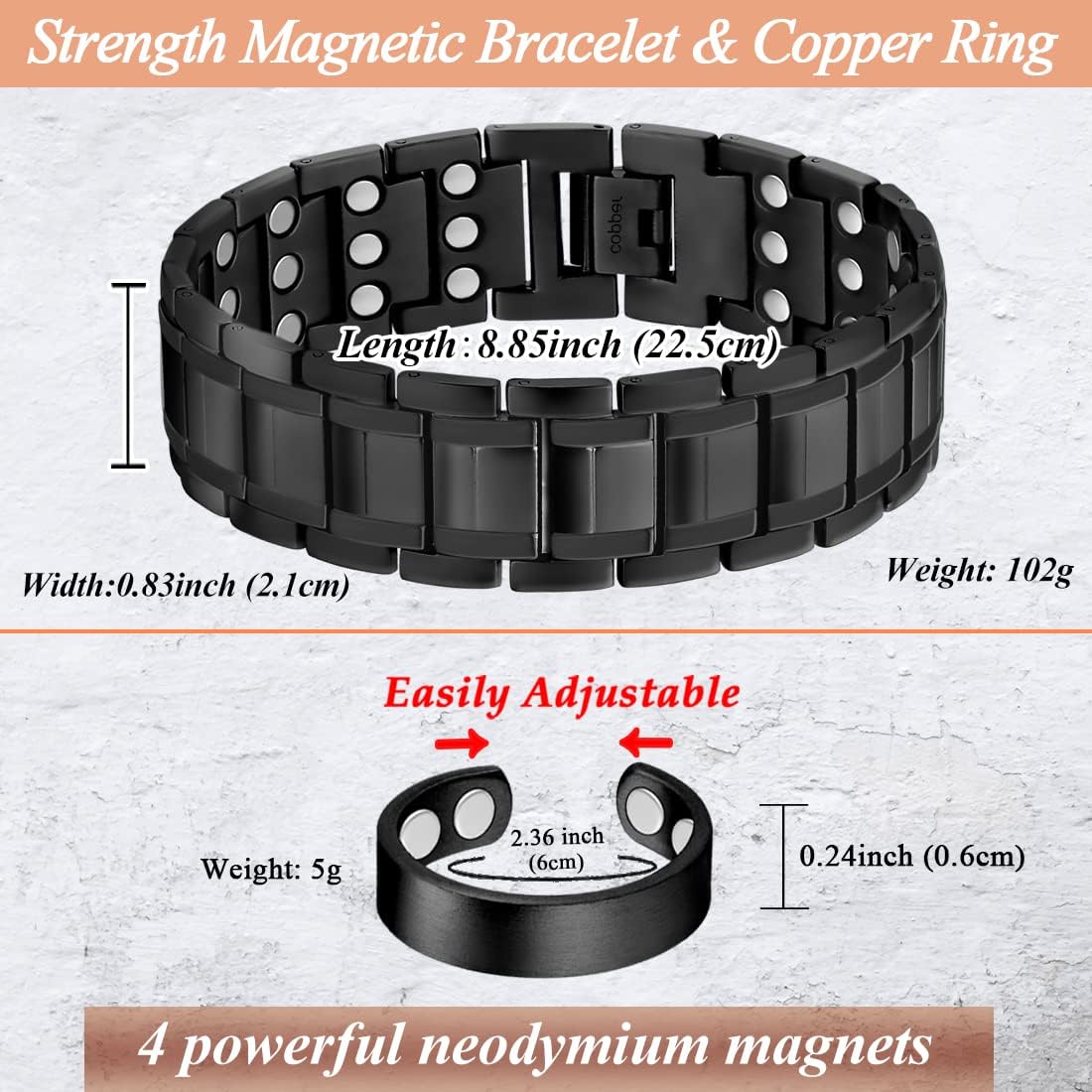 Bracelet and Ring Set, 2-piece, 2025 New Men's Strong Magnetic Bracelet – Made with powerful magnets and pure copper, includes an adjustable size tool, and comes with both a bracelet and a ring – the perfect gift for men.
