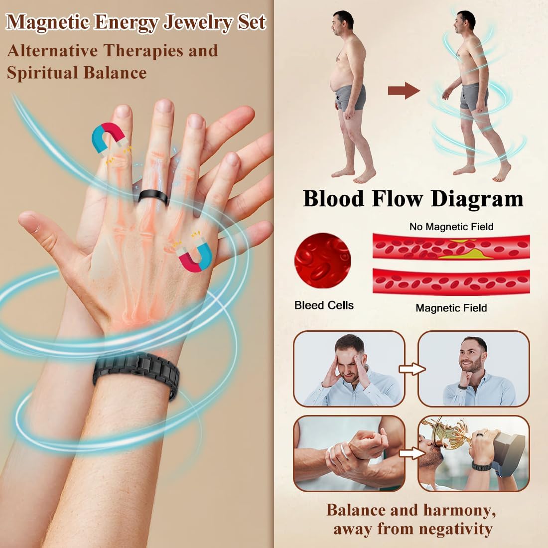 Bracelet and Ring Set, 2-piece, 2025 New Men's Strong Magnetic Bracelet – Made with powerful magnets and pure copper, includes an adjustable size tool, and comes with both a bracelet and a ring – the perfect gift for men.