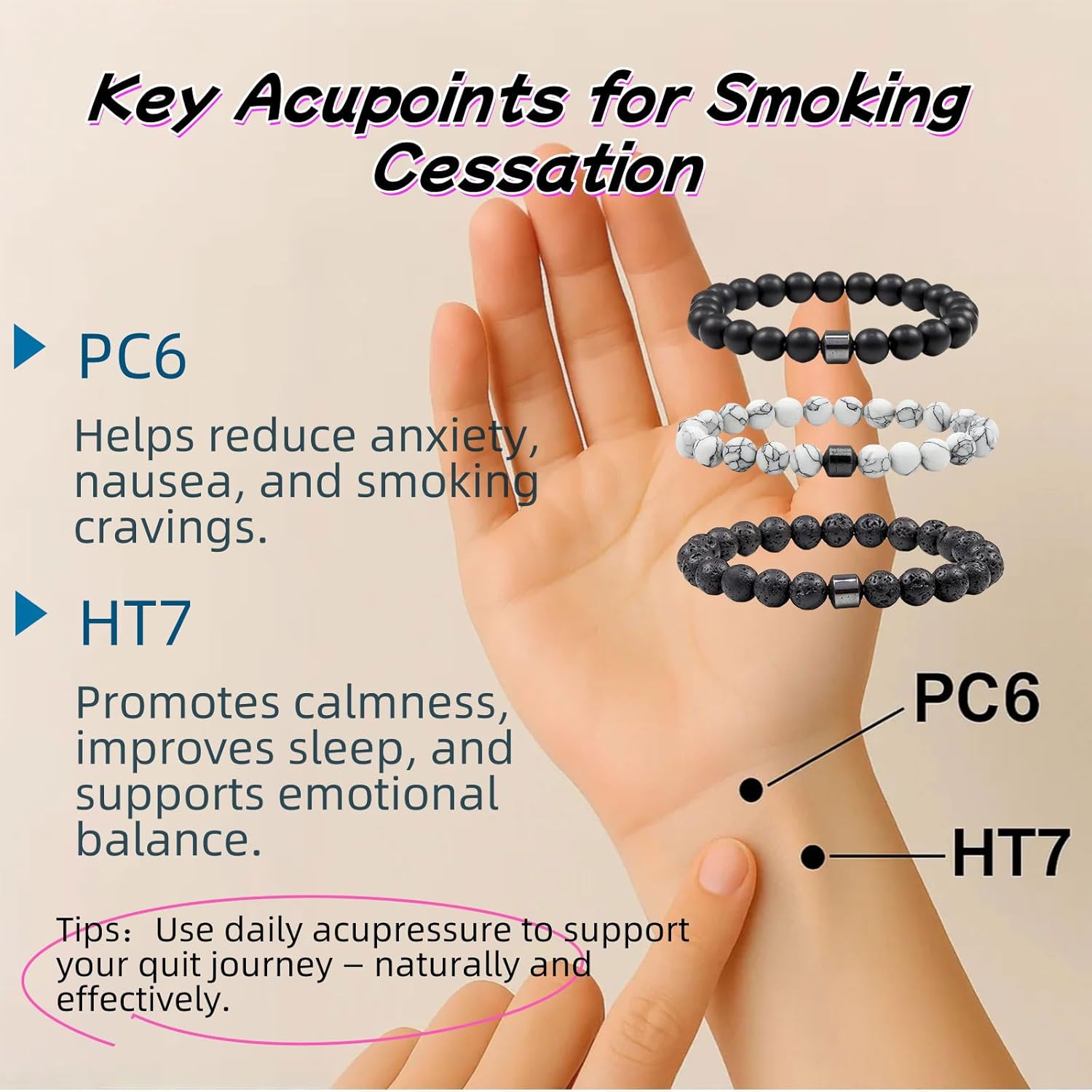 This pack of 2 smoking cessation bracelets is suitable for both men and women. It can help you quit smoking, relieve anxiety and stress, promote lymphatic circulation, and alleviate pain.  Makes a great gift!