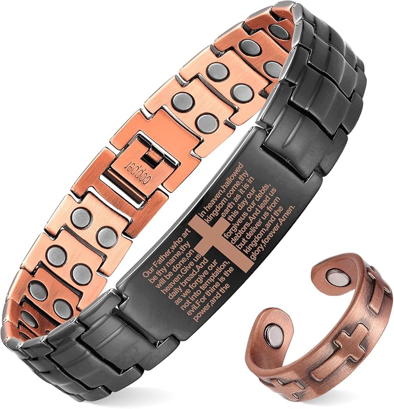 Copper Bracelet for Men, Cross Copper Magnetic Bracelet with Ultra Strength Magnets, Adjustable Link Jewelry Box Gift (Sizing Tool)