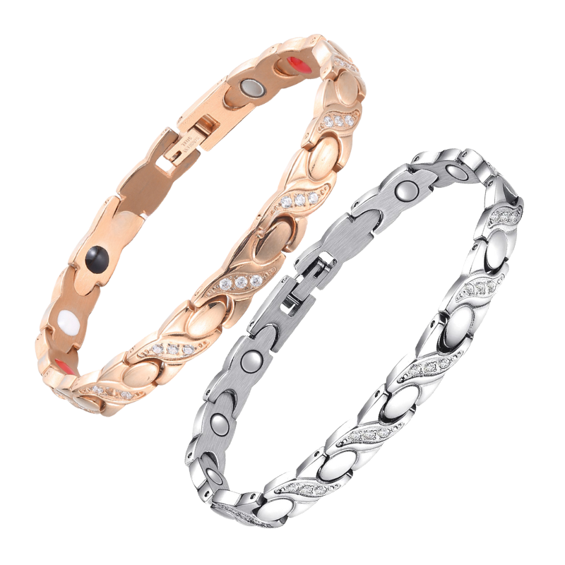 2-piece set of women's copper magnetic therapy bracelets, gold and silver, made of copper for health benefits.