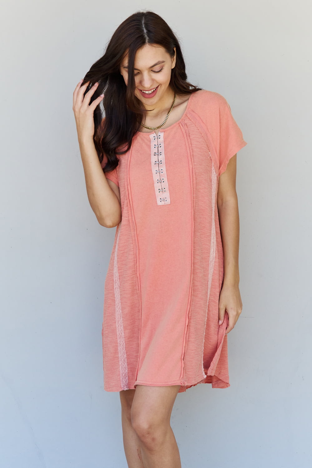 All Day Comfort Front Hook Contrast T-Shirt Dress in Blush Red