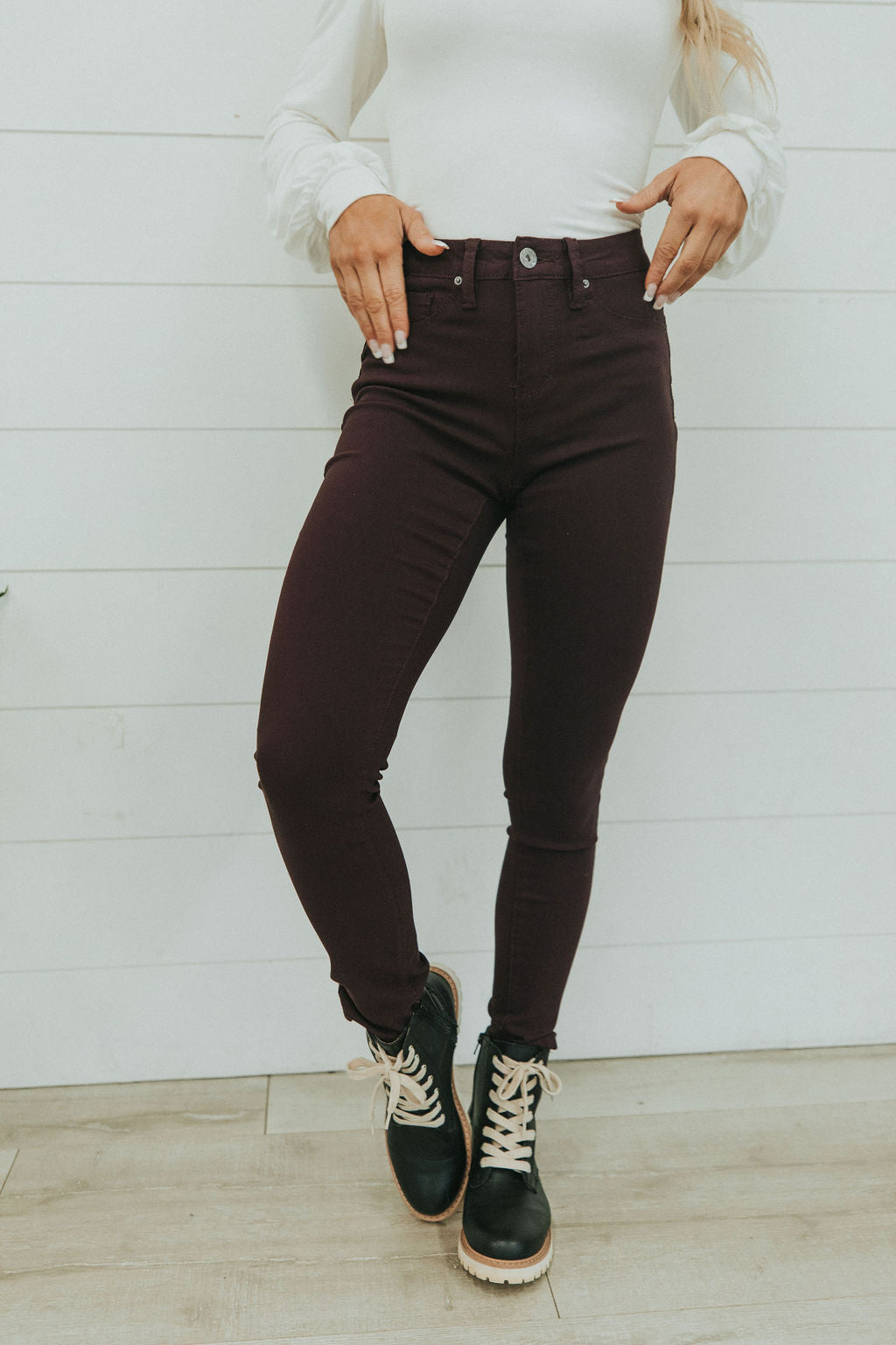 Step Right Up Hyper-Stretch Skinny Jeans - Plum