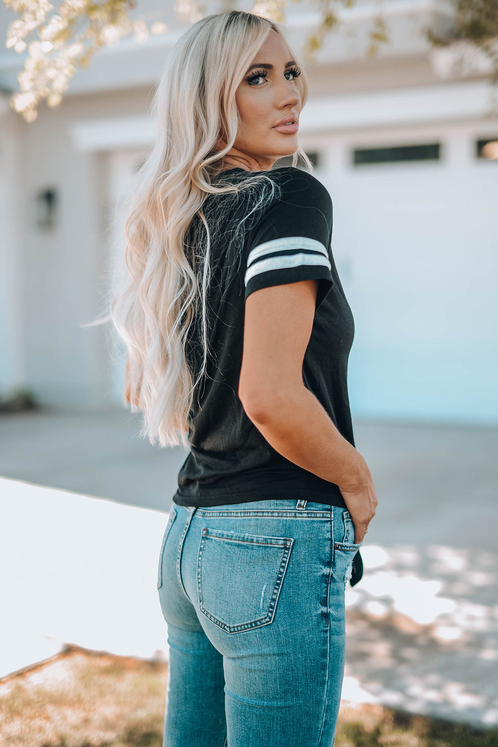 Sporty Striped Tie Front T-Shirt