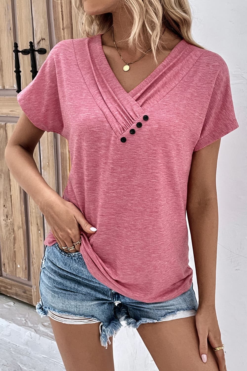 Jenna Button V-Neck Short Sleeve Tee