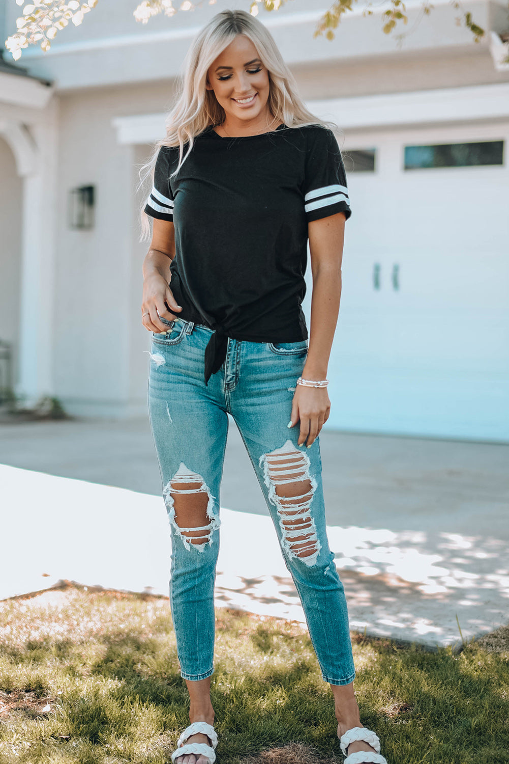 Sporty Striped Tie Front T-Shirt