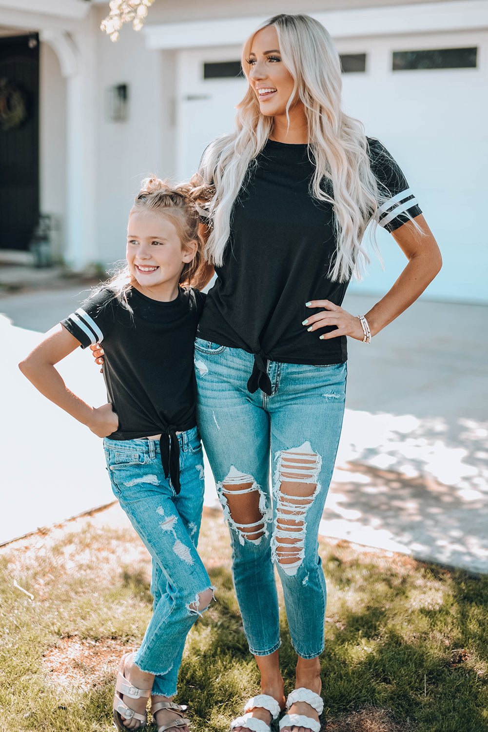 Sporty Striped Tie Front T-Shirt