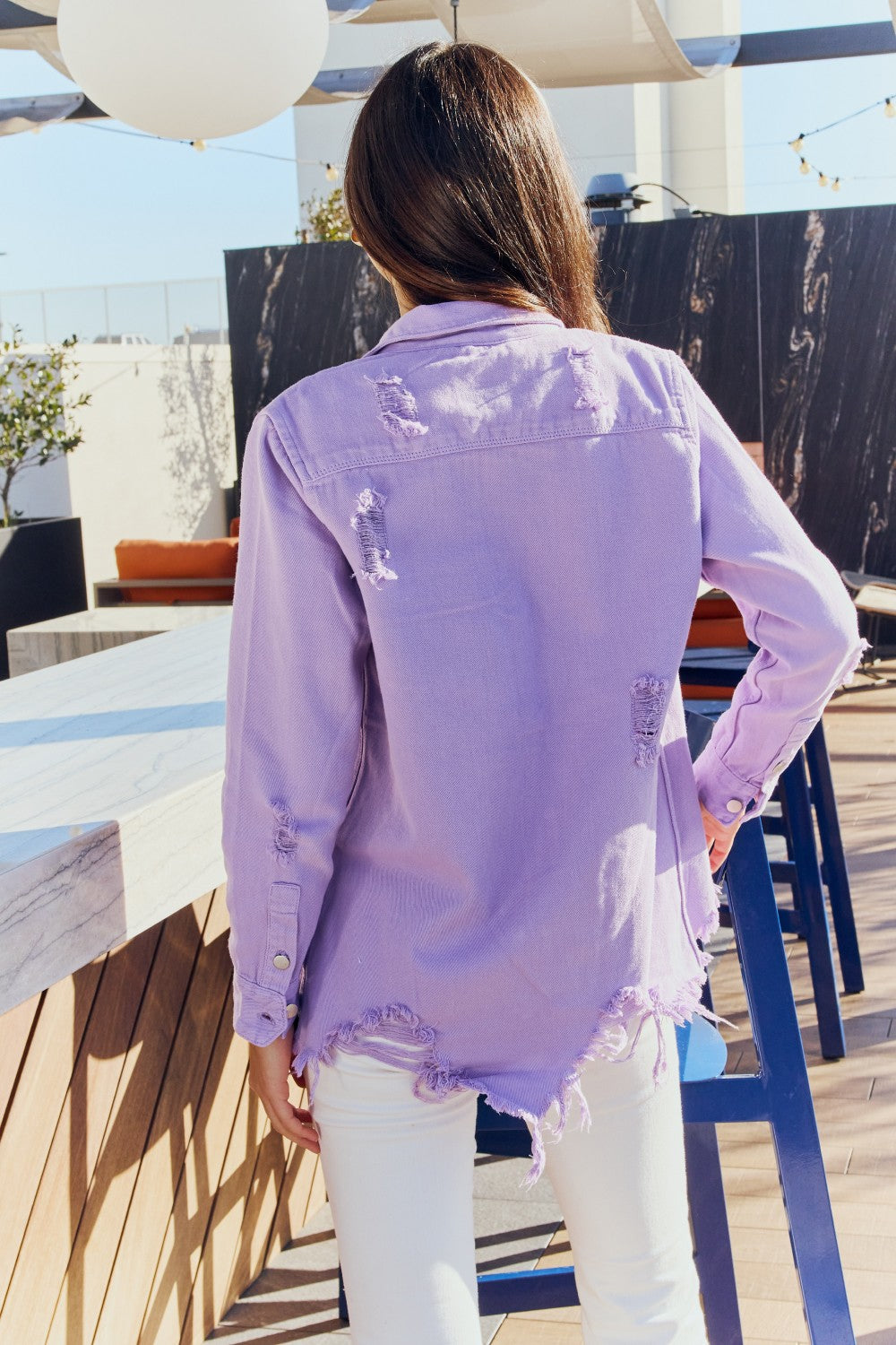 Lavender Distressed Button Down Denim Jacket in Lavender