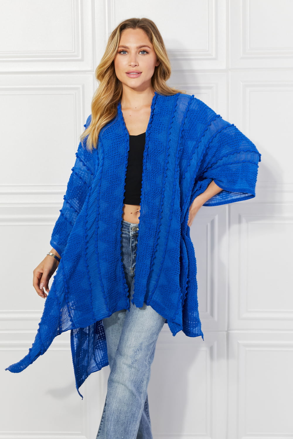Pom-Pom Asymmetrical Poncho Cardigan in Blue