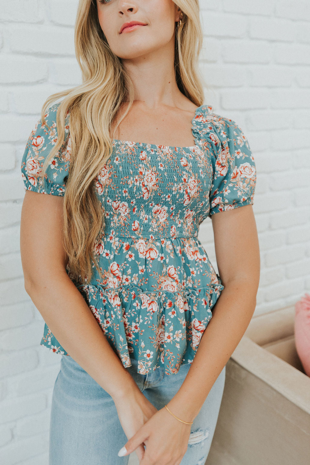Feminine Ways Smocked Floral Top