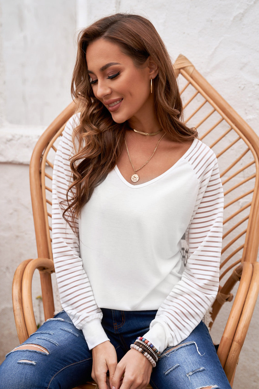Georgette Sheer Striped V-Neck Top