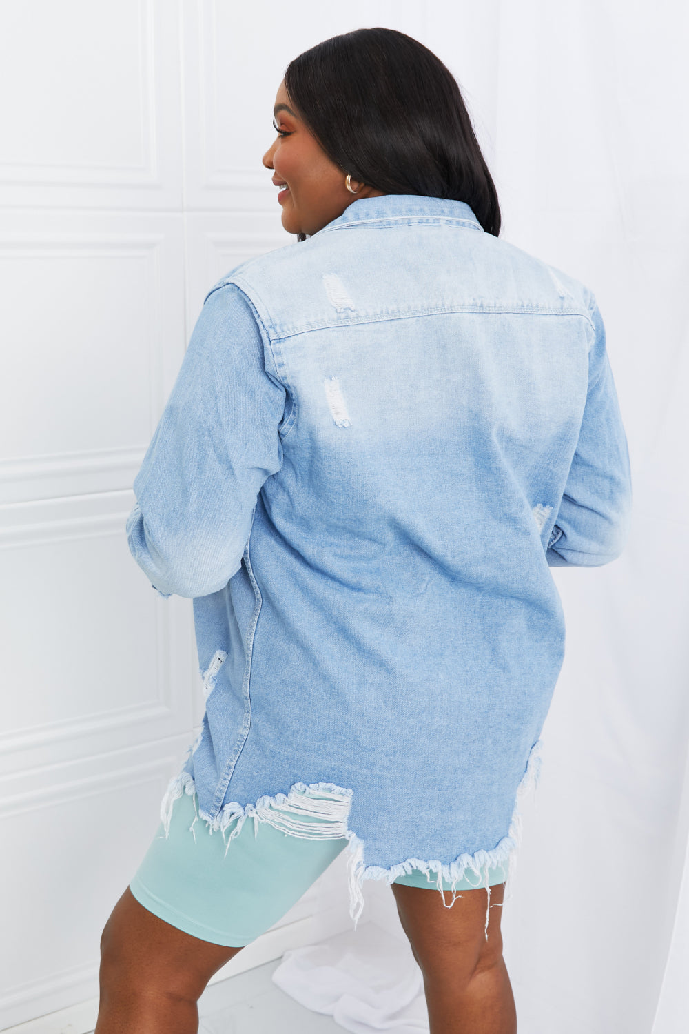 Della Distressed Raw Hem Denim Jacket