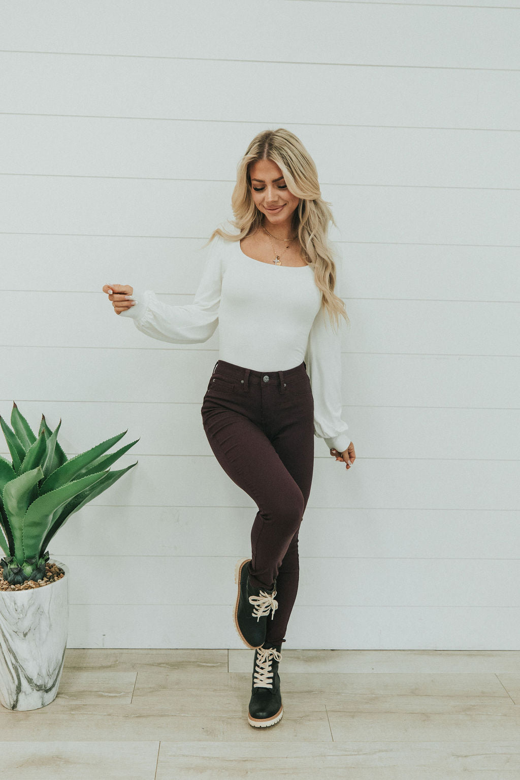 Step Right Up Hyper-Stretch Skinny Jeans - Plum