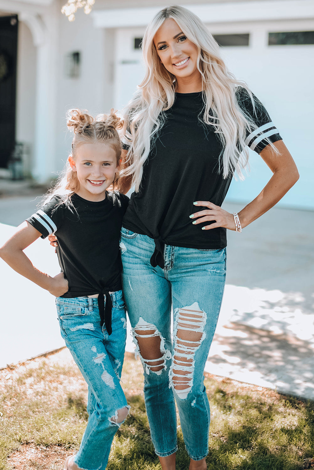 Sporty Striped Tie Front T-Shirt